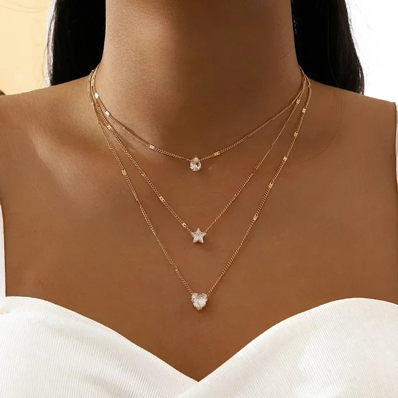 Elegant Layered Necklace Heart Star Zircon Charm Vintage Style