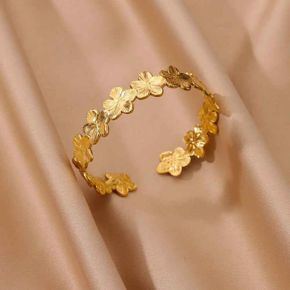 Gold Flower Cuff Bracelet Stainless Steel Floral Bangle for Women
