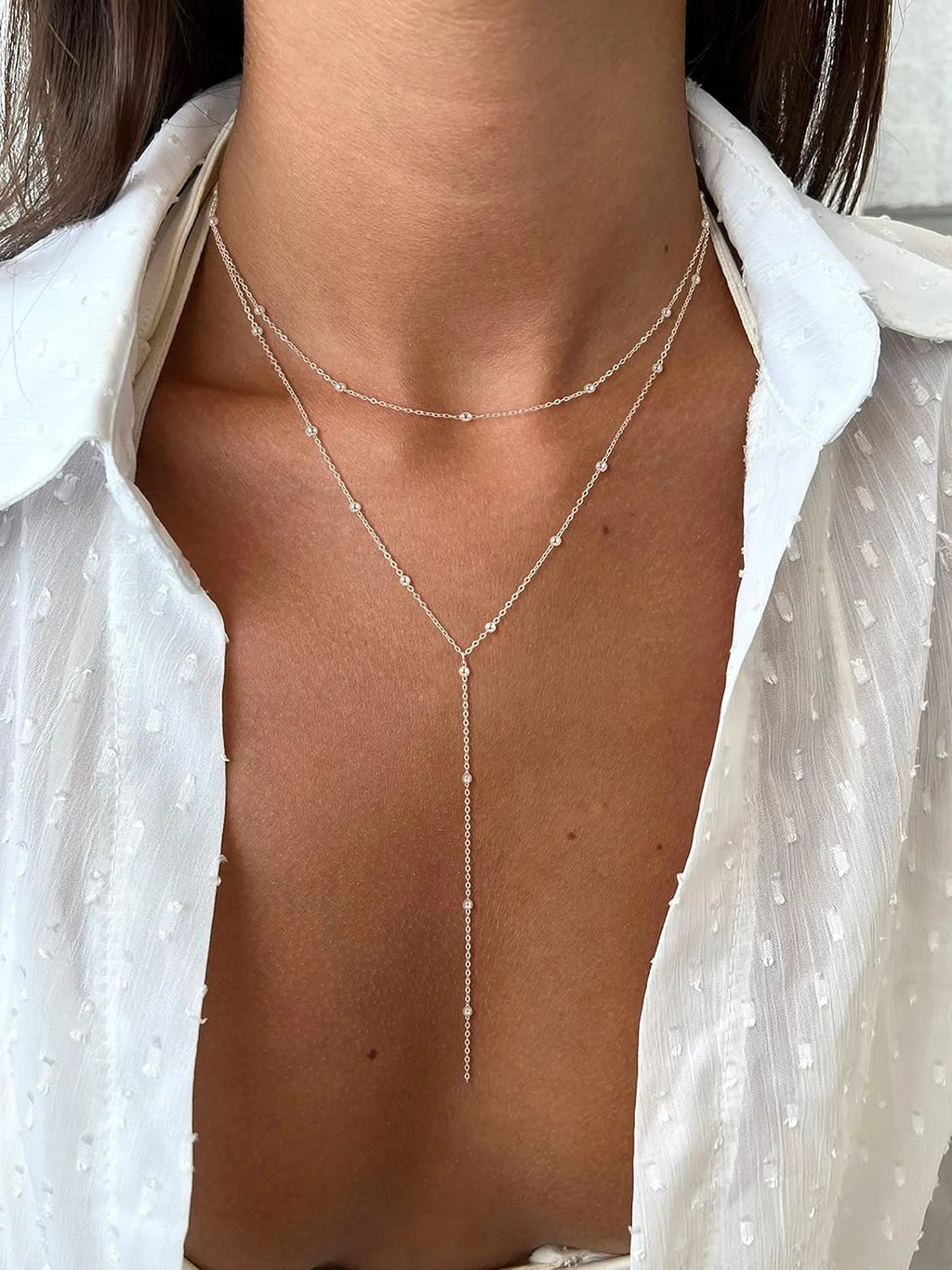 Elegant Y Shape Drop Necklace Gold Plated Layered Beaded Chain