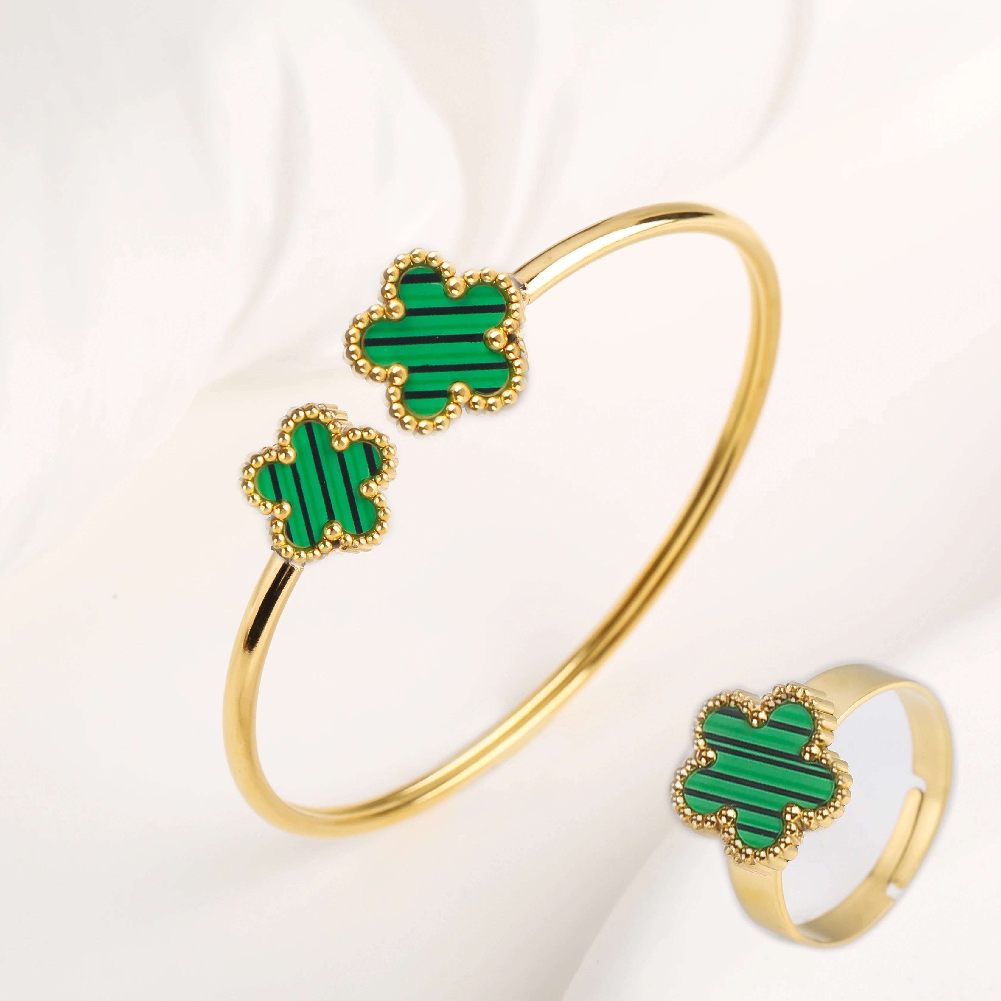 Lucky Five Leaf Clover Jewelry Set Stainless Steel Bangle Ring Women