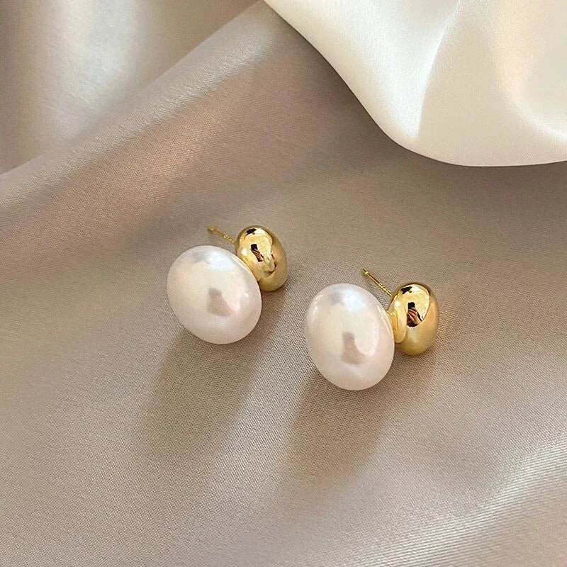 French Gold Bean Pearl Earrings Elegant Korean Style Women Jewelry