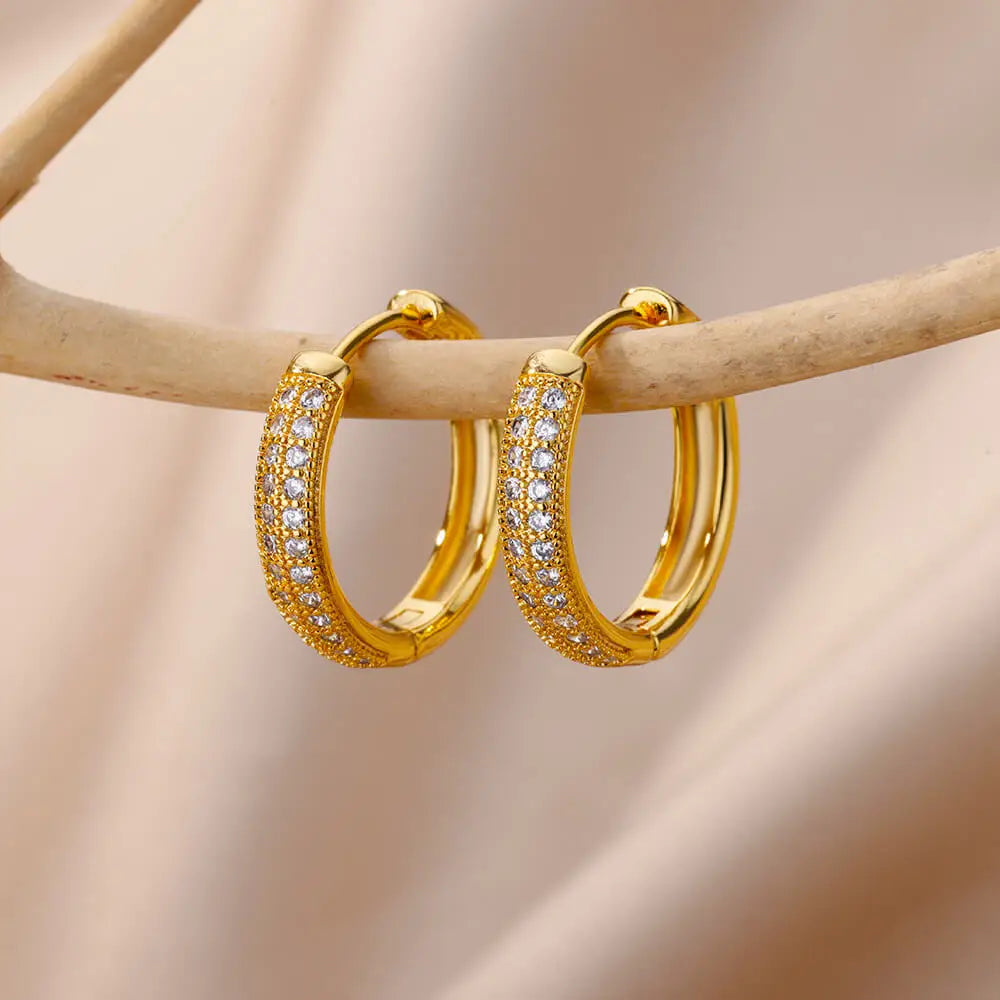 Elegant Zircon Hoop Earrings Circle Square Gold Tone Jewelry