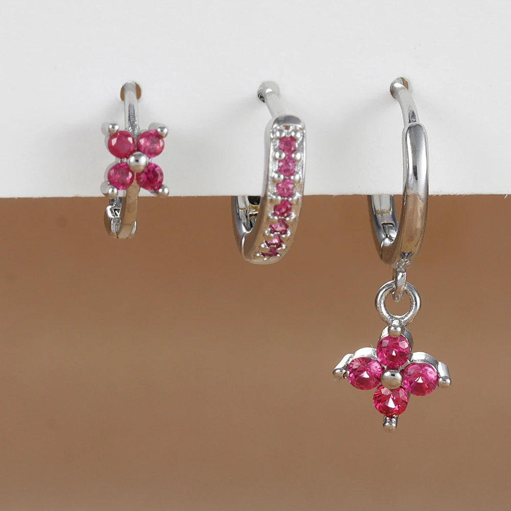 3PCS Flower Drop Earrings Set Zircon Stainless Steel Women