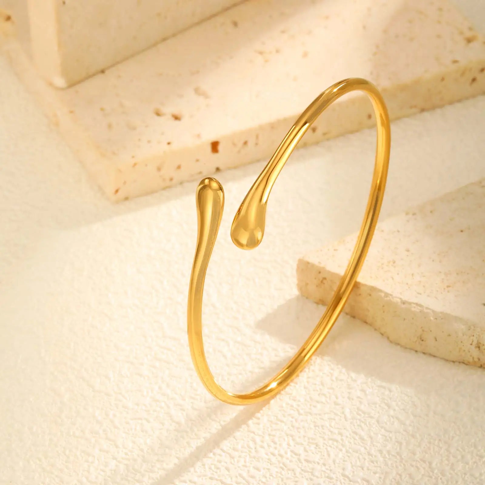 Minimalist Water Drop Open Bangle Bracelet Gold Stainless Steel Women