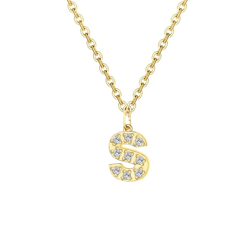 Gold Zircon Initial Necklace A-Z Stainless Steel Letter Pendant Women