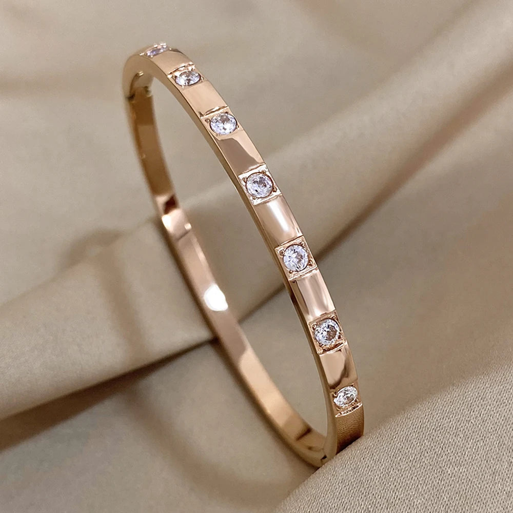 Gold Plated Rhinestone Square Bangle Stainless Steel Waterproof