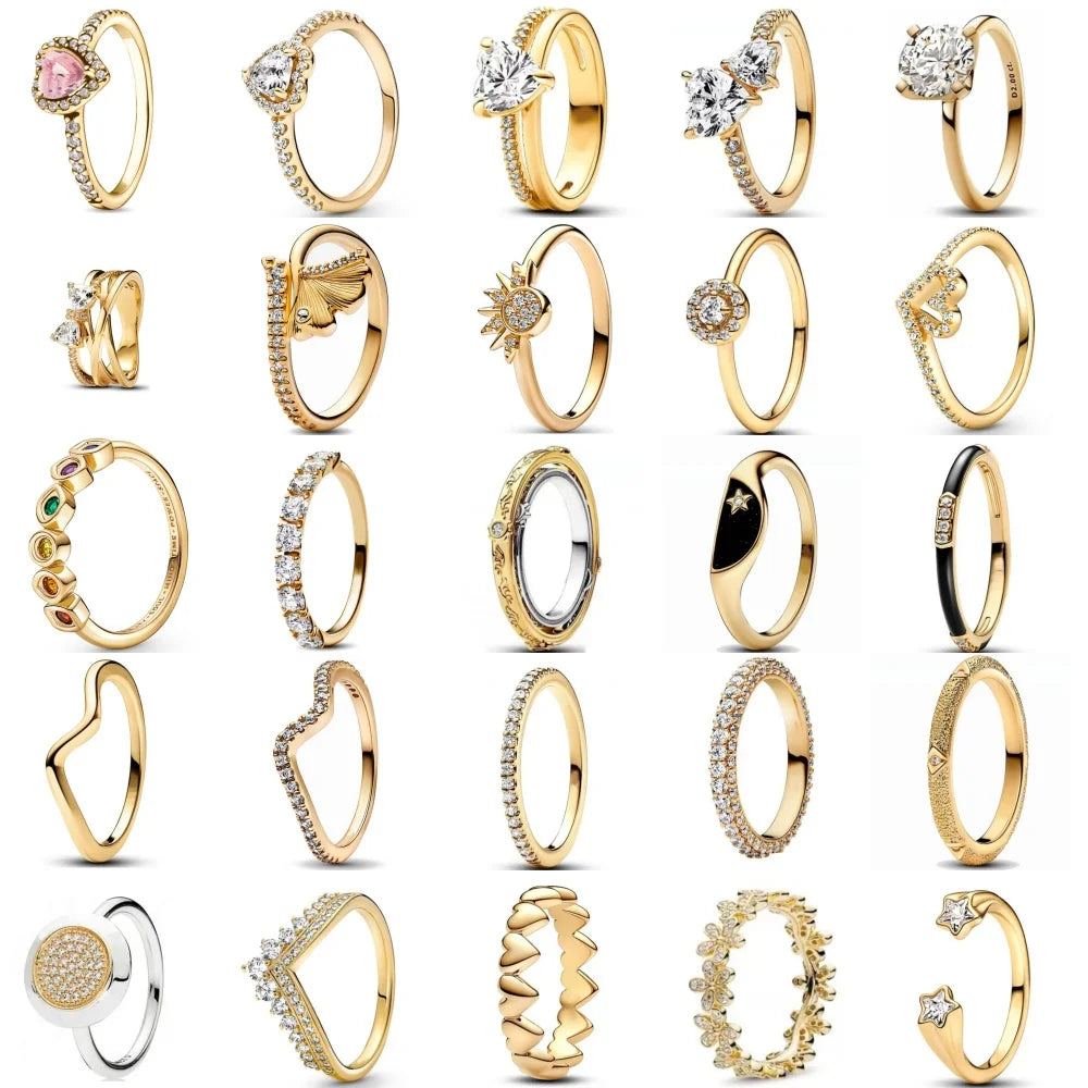 Elegant Gold Ring Sun Heart Bow 925 Silver Women Jewelry