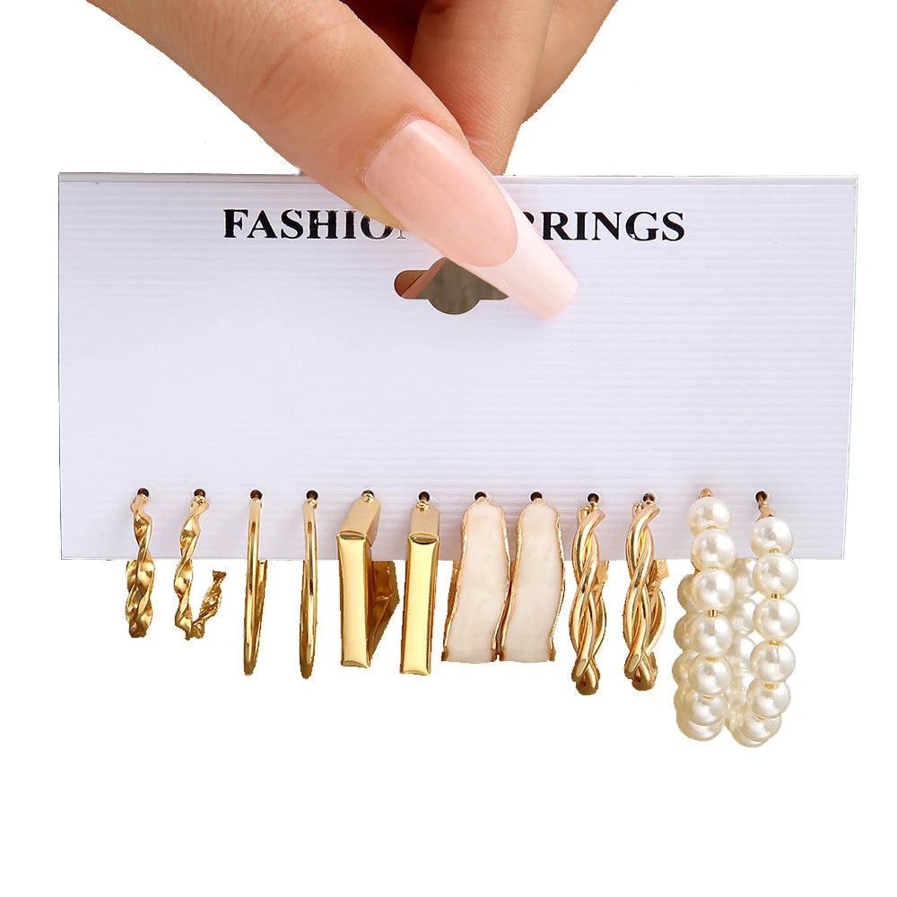 Stylish Boho Earring Set Big Hoops Pearl Square Heart Zircon Design
