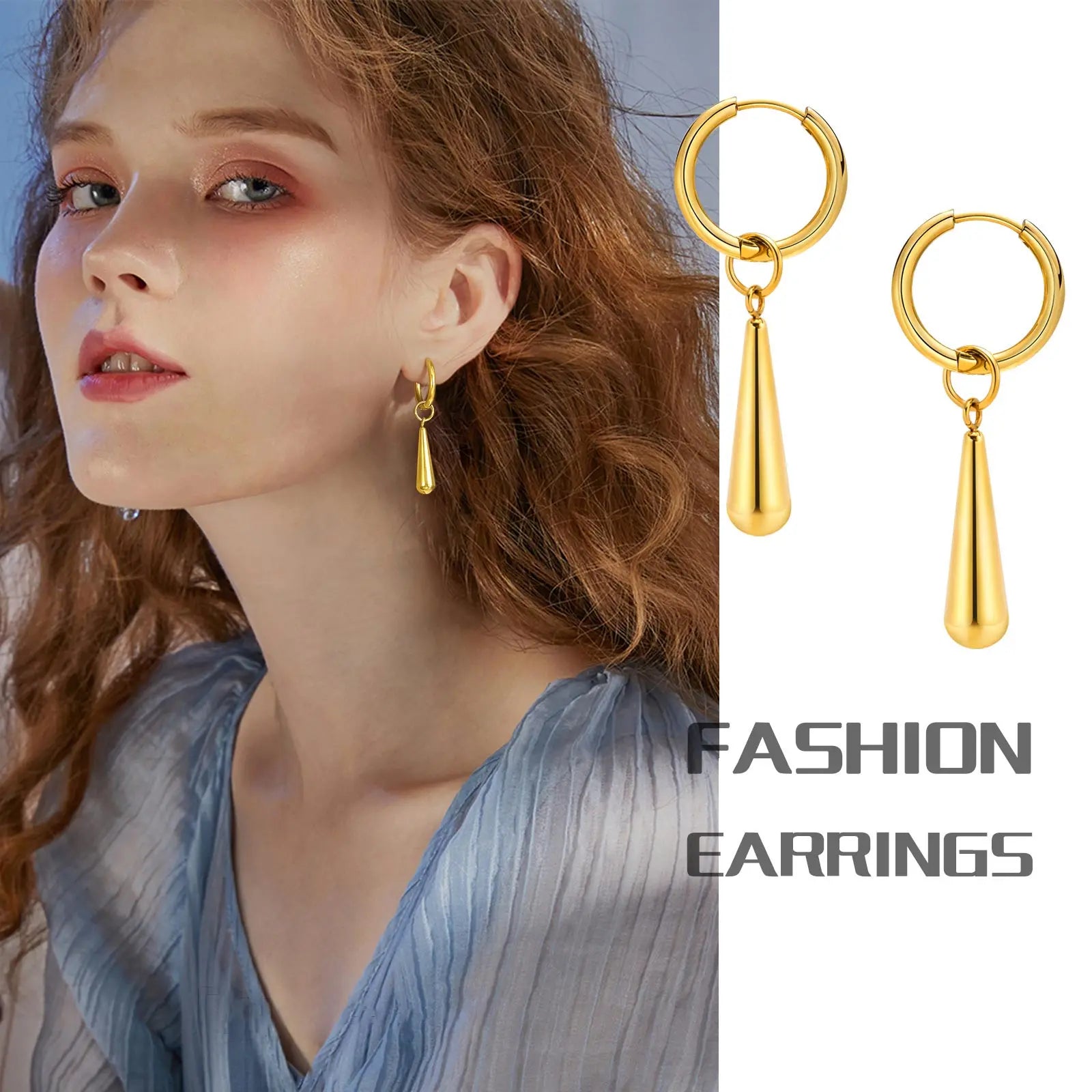 Water Drop Dangle Huggie Hoop Earrings Stainless Steel Women