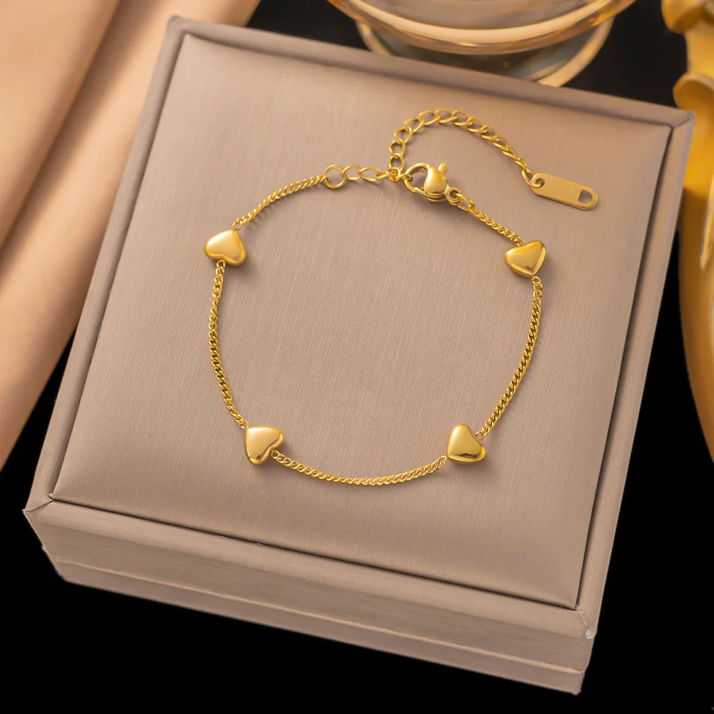 316L Stainless Steel Heart Charm Necklace Bracelet Set Waterproof