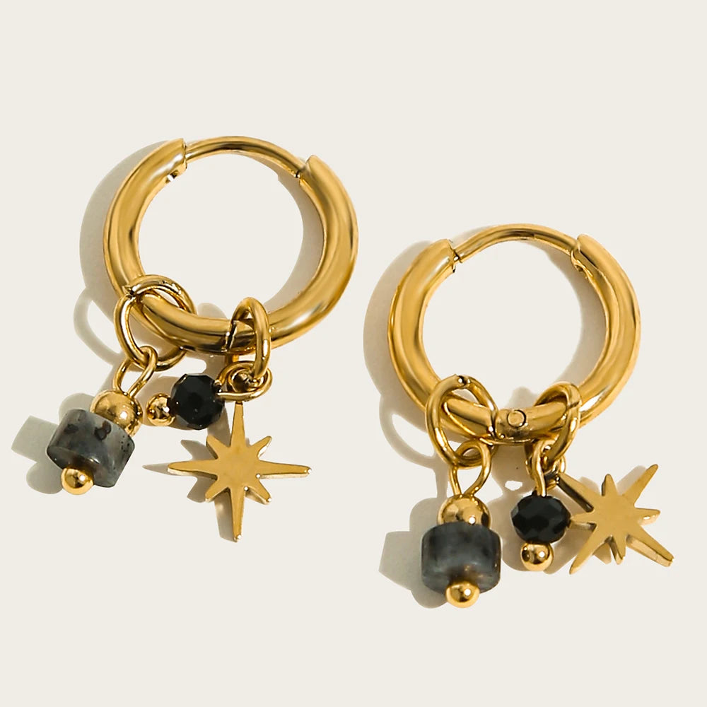 Vintage Green Stone Hoop Earrings 18K Gold Plated Women