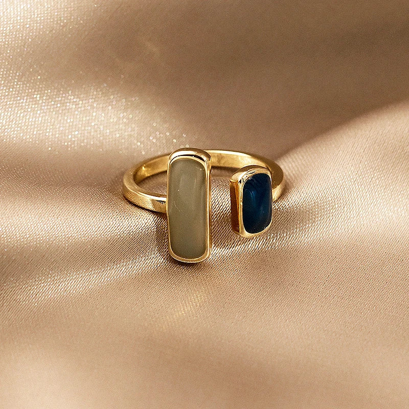 Adjustable Colorful Drip Glaze Ring Retro Geometric Gold Women