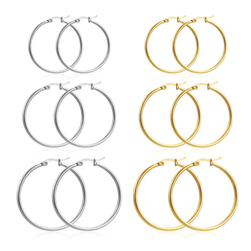 Gold Stainless Steel Hoop Earrings Big Small Circle Unisex Jewelry