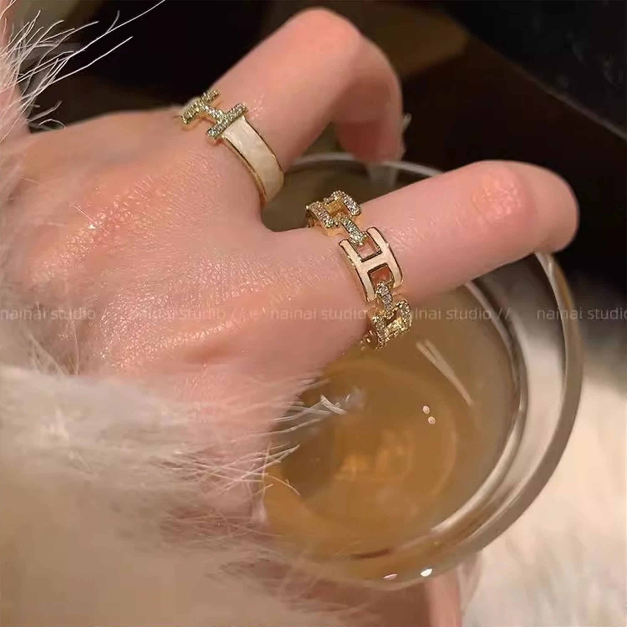 Elegant H Letter Ring Enamel Zircon Open Adjustable Women