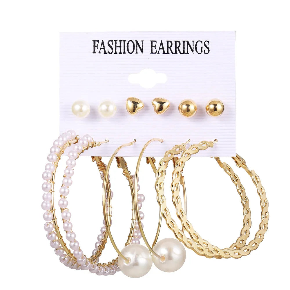 Stylish Boho Earring Set Big Hoops Pearl Square Heart Zircon Design