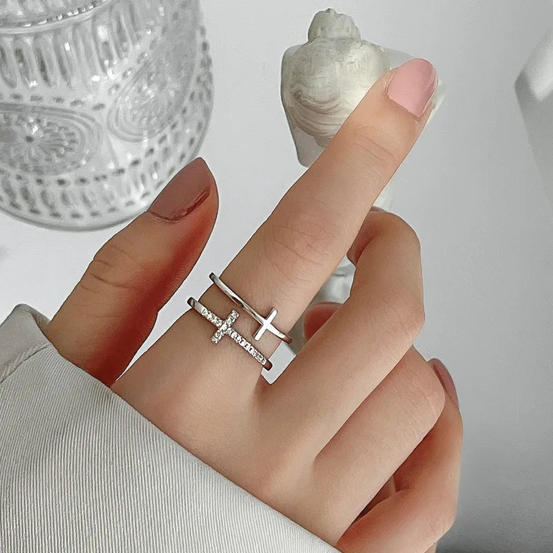 Minimalist Cross Open Ring Gold Silver Adjustable Women Ring