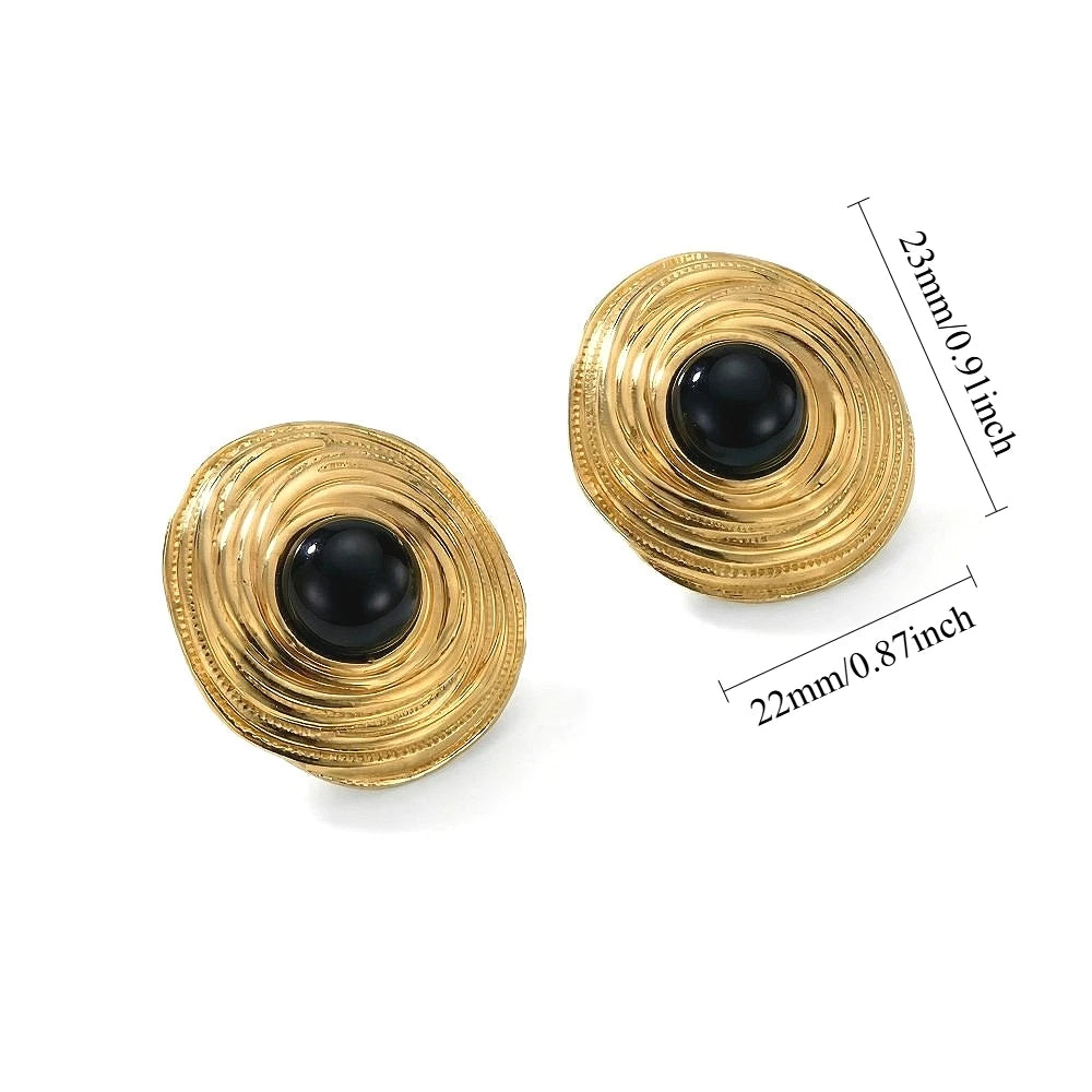 Black Stone Stud Earrings Chunky 18K Gold Women Jewelry