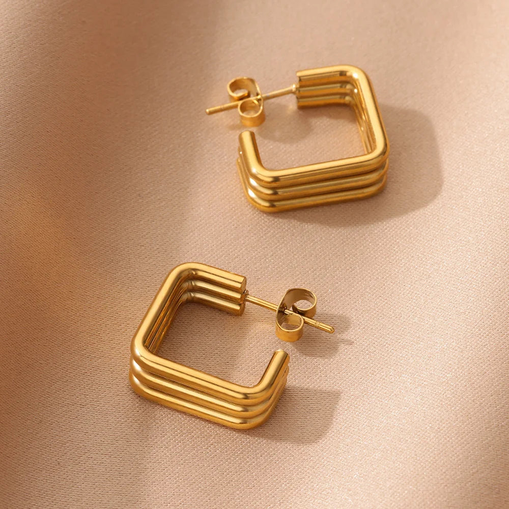 Elegant Square Earrings Gold Color Stainless Steel Stud Jewelry