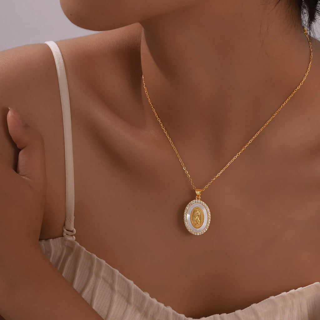 Elegant Guadalupe Mary Pendant Necklace with Sparkling Zircon Inlay