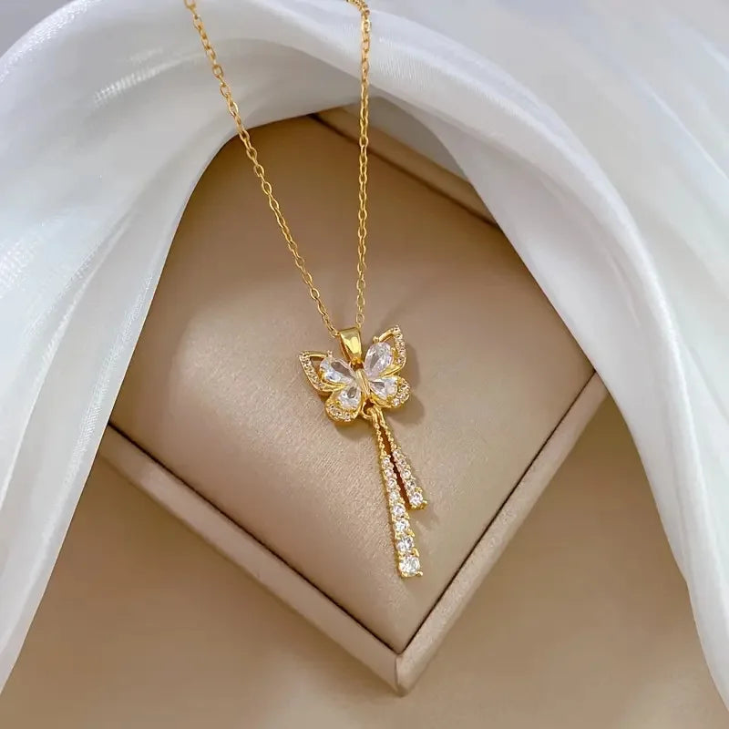 Elegant Butterfly Necklace Zircon Tassel Titanium Steel Women