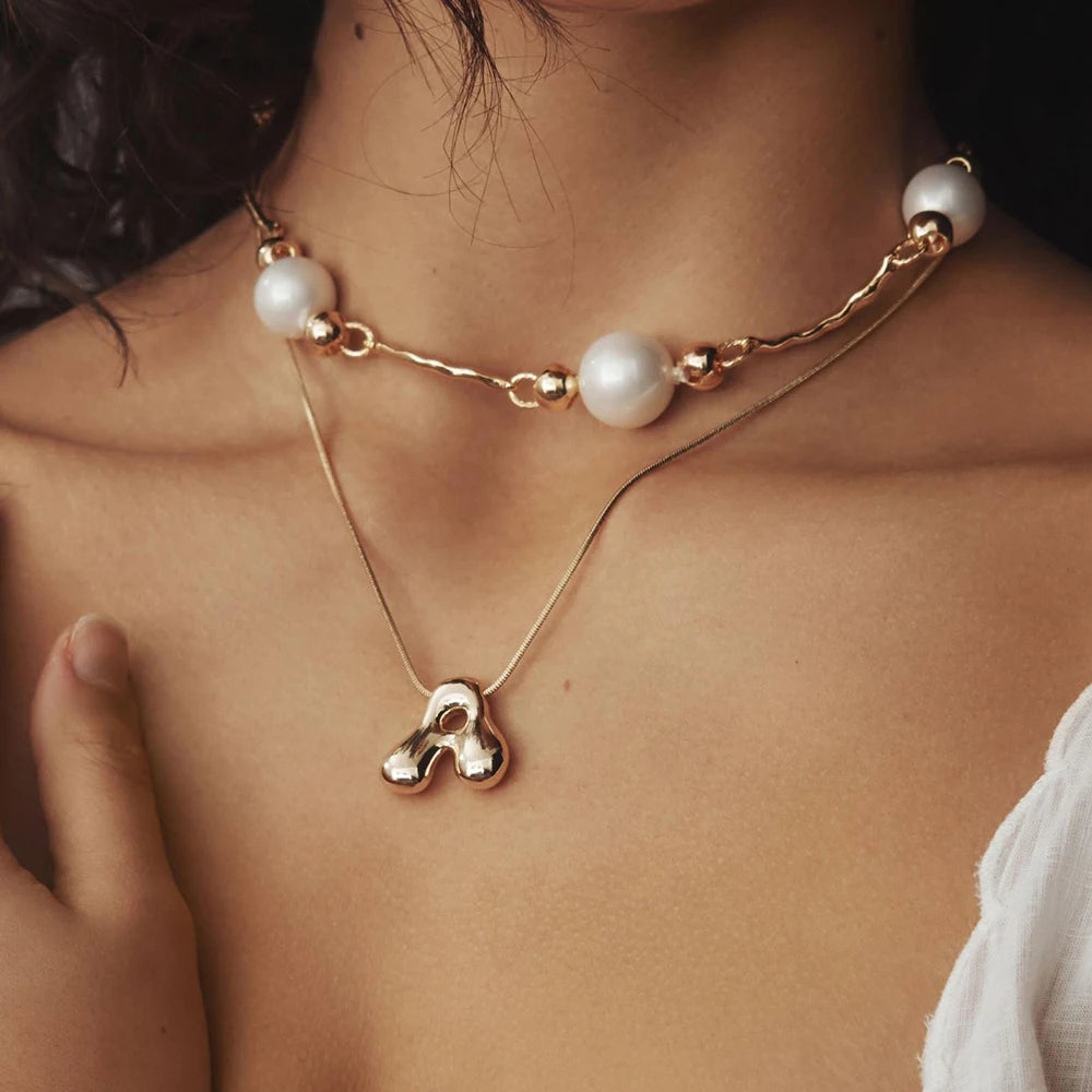 Trendy Bubble Letter Necklace Gold Initial Pendant Women