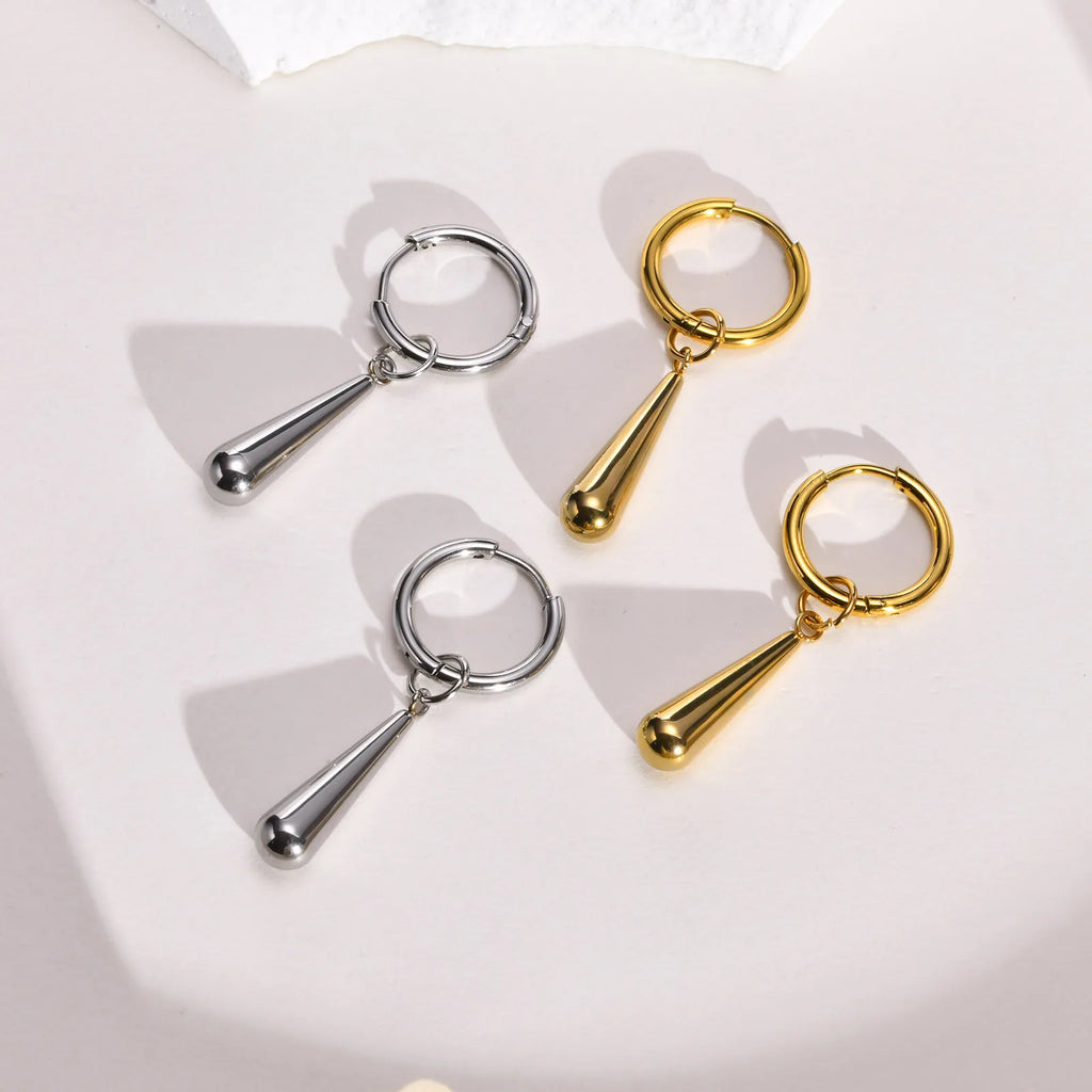 Water Drop Dangle Huggie Hoop Earrings Stainless Steel Women