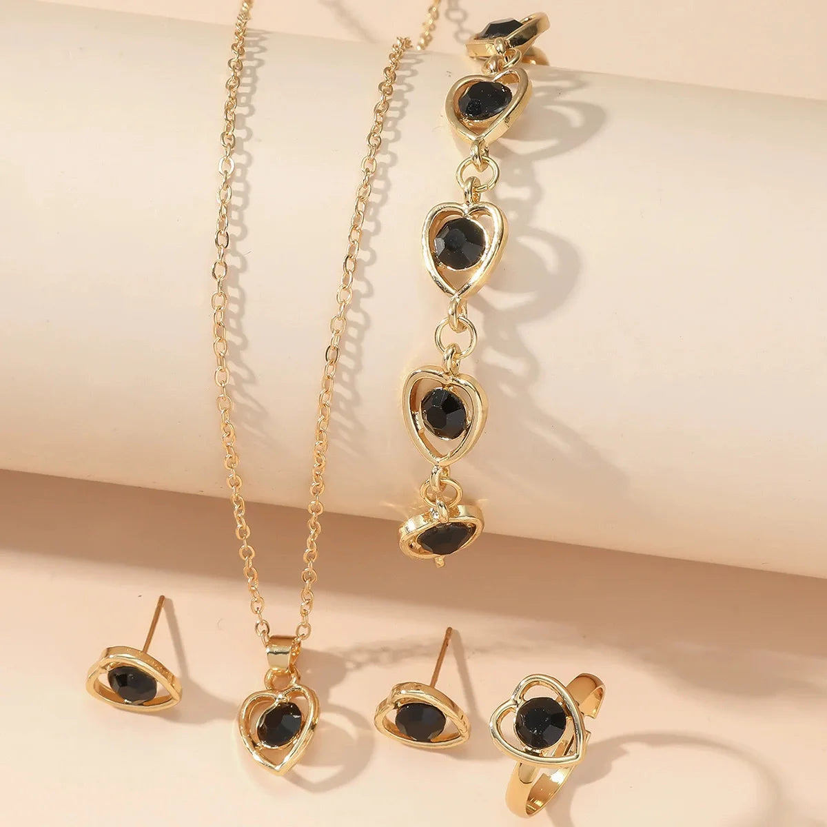 4PCS Heart Crystal Jewelry Set Necklace Bracelet Ring Earrings