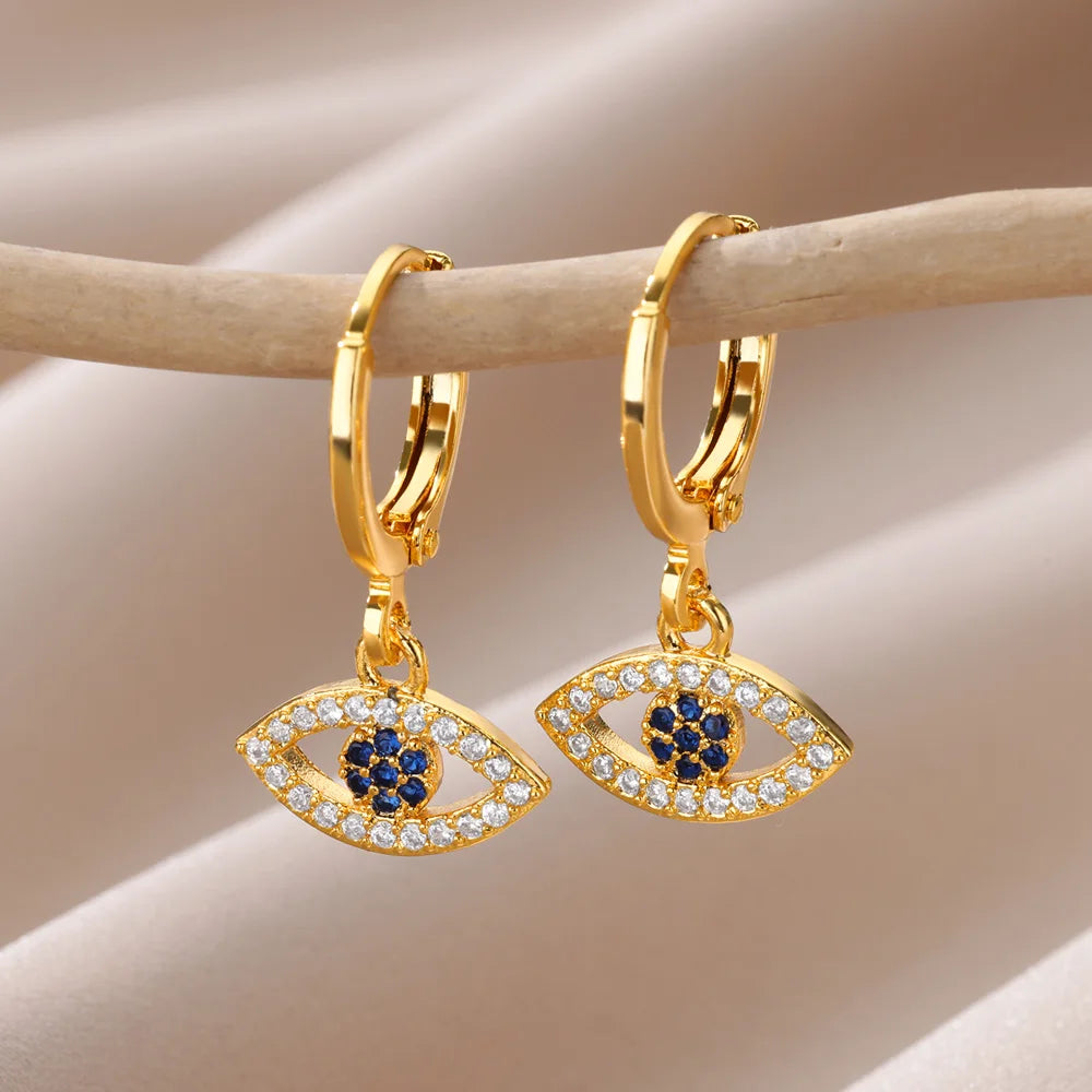 Gold Color Evil Eye Zircon Earrings Stainless Steel Vintage Style