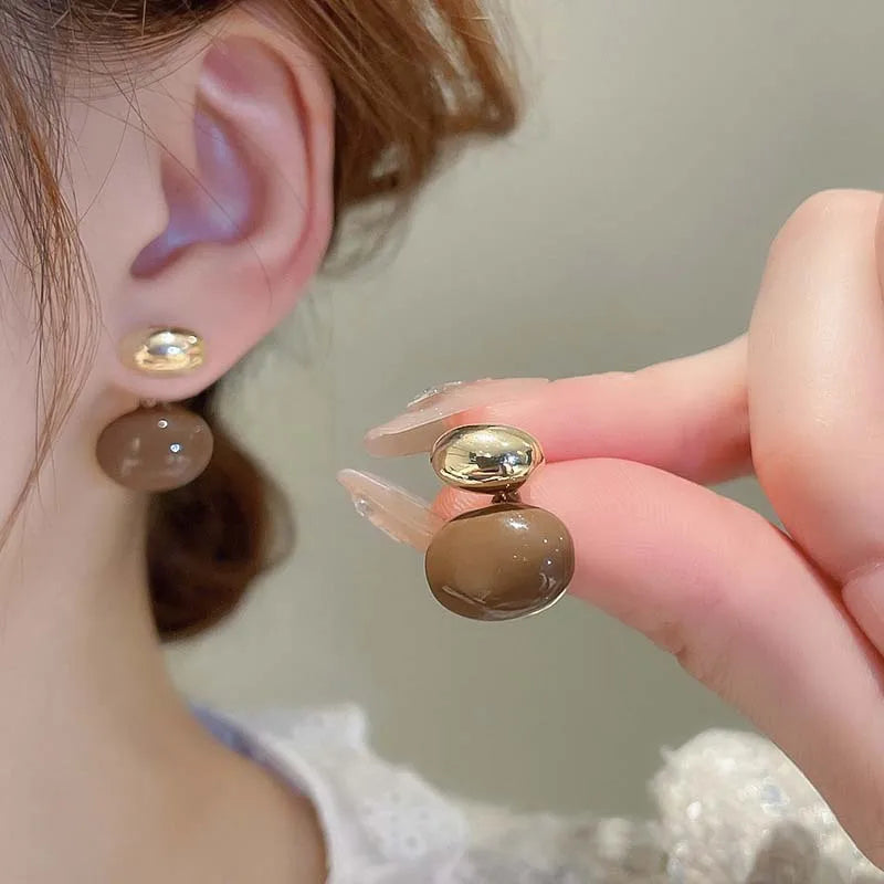 Vintage Enamel Oval Dangle Earrings Coffee Color Two Way Wear