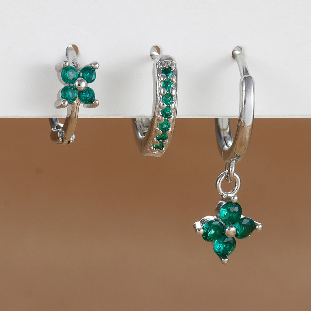 3PCS Flower Drop Earrings Set Zircon Stainless Steel Women