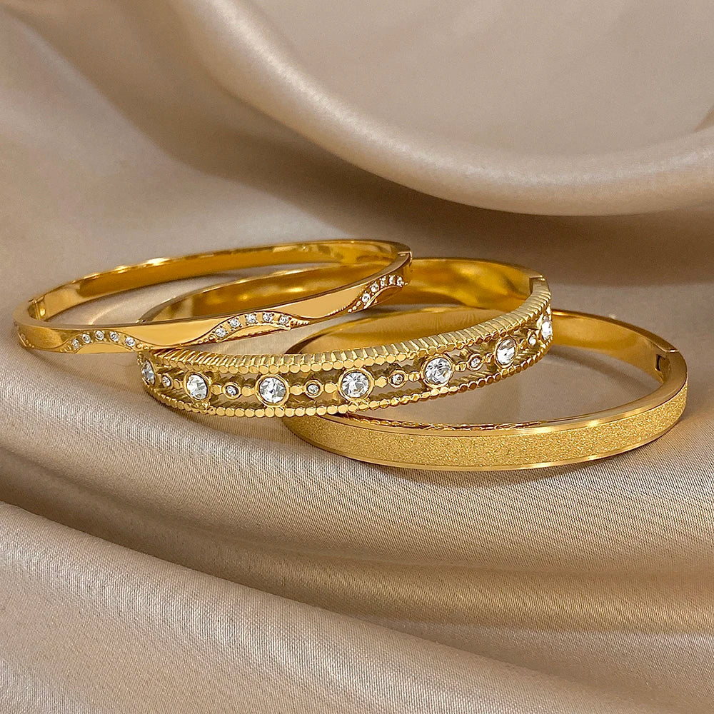 Gold Zircon Geometric Cuff Bracelet Stainless Steel Waterproof Unisex