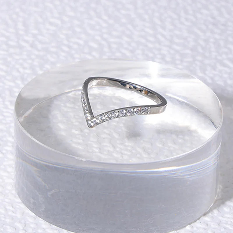 Minimalist V Shaped Ring 18K Gold Zircon Thin Band Women
