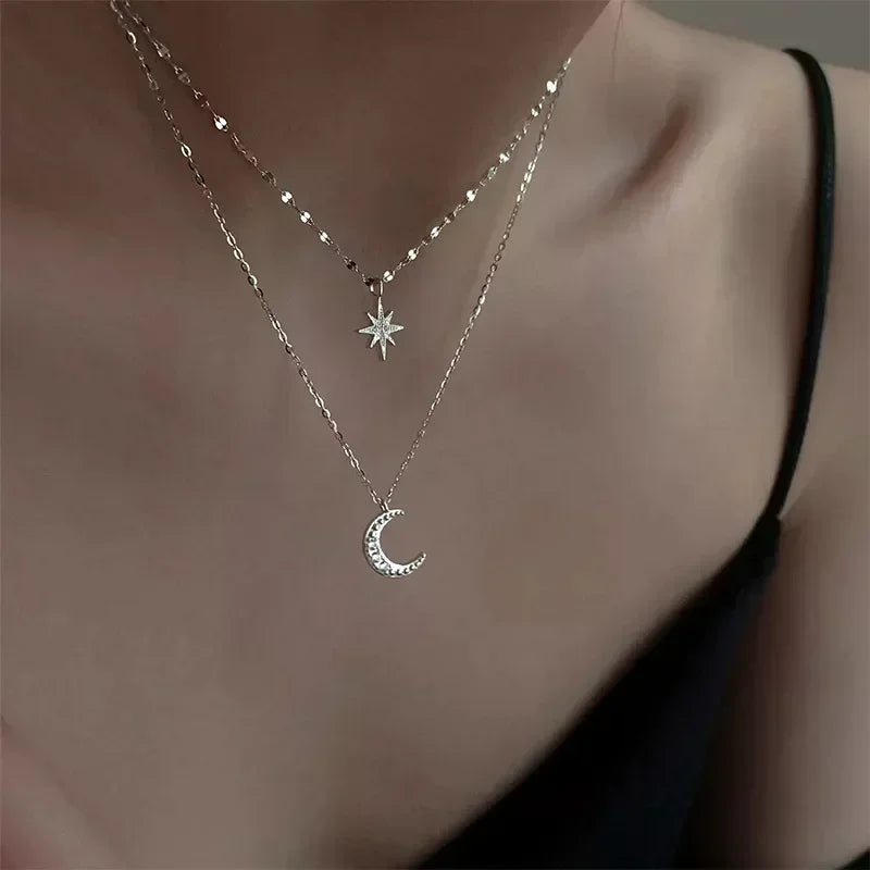 Silver Double Layer Star Moon Necklace Zircon Choker for Women
