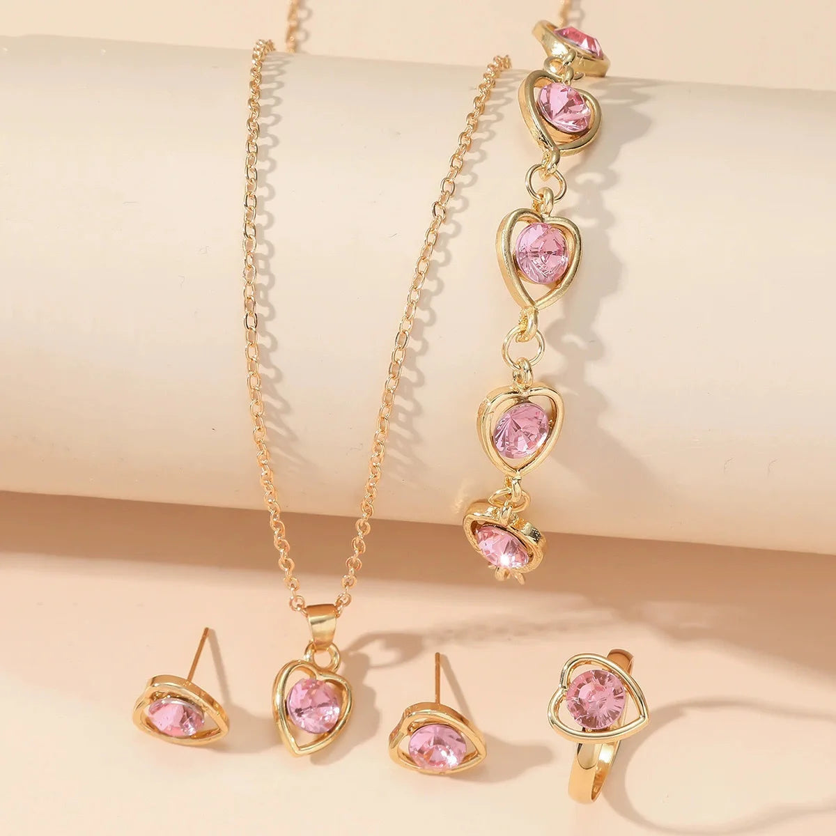 4PCS Heart Crystal Jewelry Set Necklace Bracelet Ring Earrings