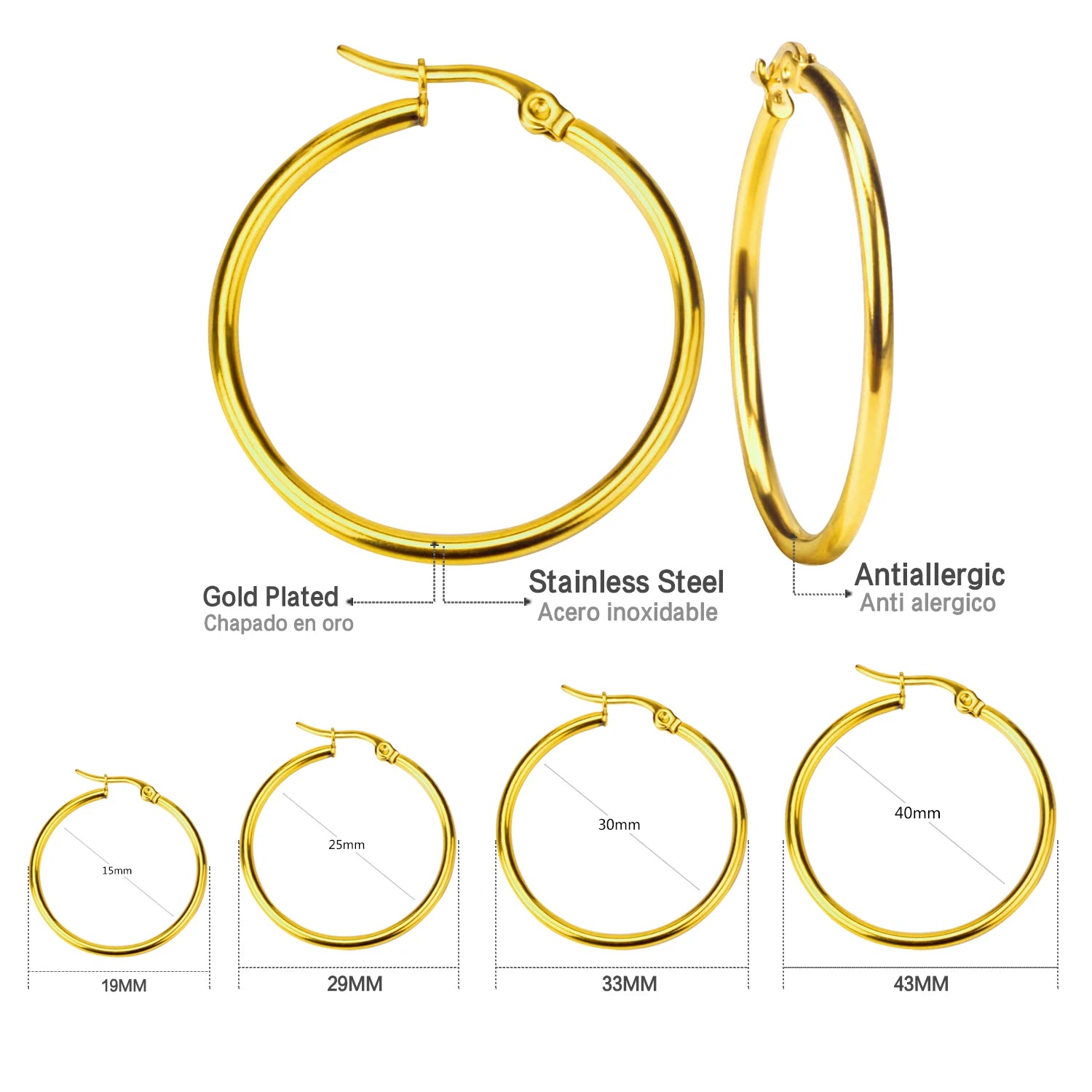 Rose Gold Stainless Steel Hoop Earrings 10-65mm Anti Allergy Women