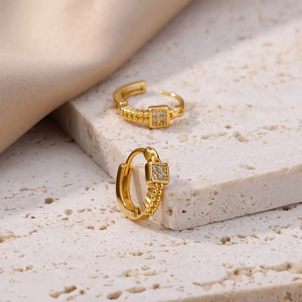 Elegant Small Gold Tone Earrings Square and Round Stainless Steel