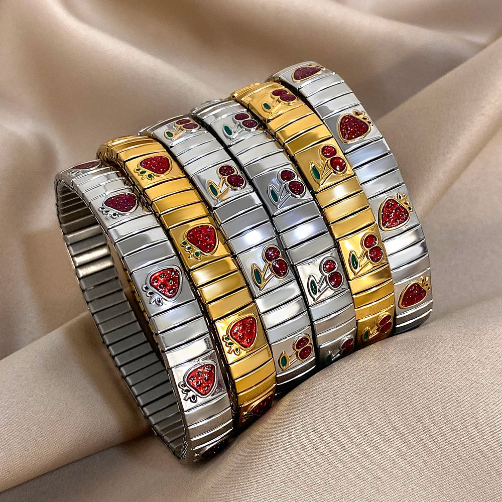 Gold Stainless Steel Strawberry Cherry Elastic Bangle Bracelet Trendy