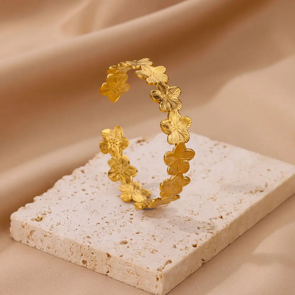 Gold Flower Cuff Bracelet Stainless Steel Floral Bangle for Women