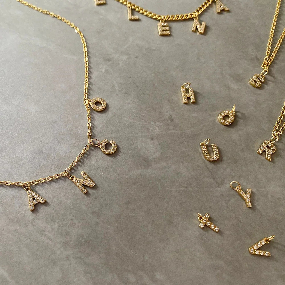 Gold Zircon Initial Necklace A-Z Stainless Steel Letter Pendant Women