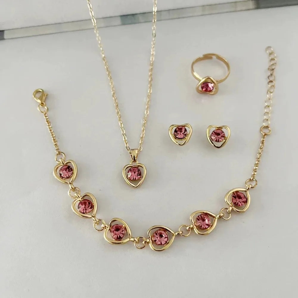 4PCS Heart Crystal Jewelry Set Necklace Bracelet Ring Earrings